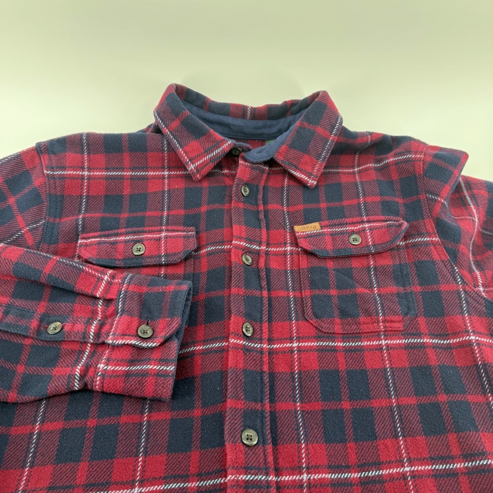 Orvis Mens XL Heavy Cotton Flannel Shirt Jacket Plaid Red Navy Shacket 1312517
